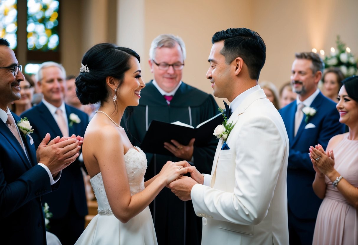 A bride and groom stand before an officiant, exchanging vows and rings. They kiss as guests applaud