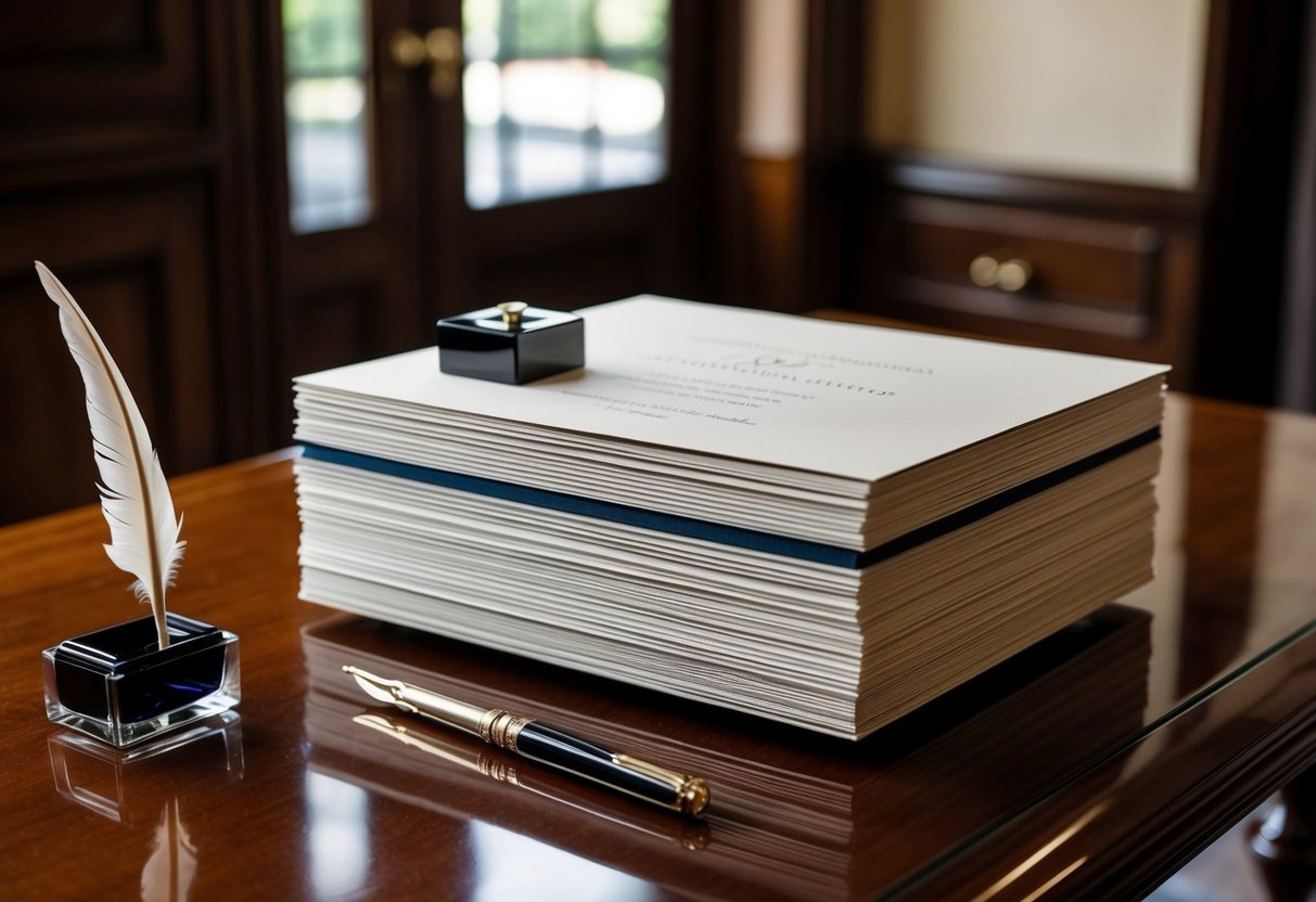 A stack of elegant wedding invitations with a quill pen and inkwell on a polished wooden desk
