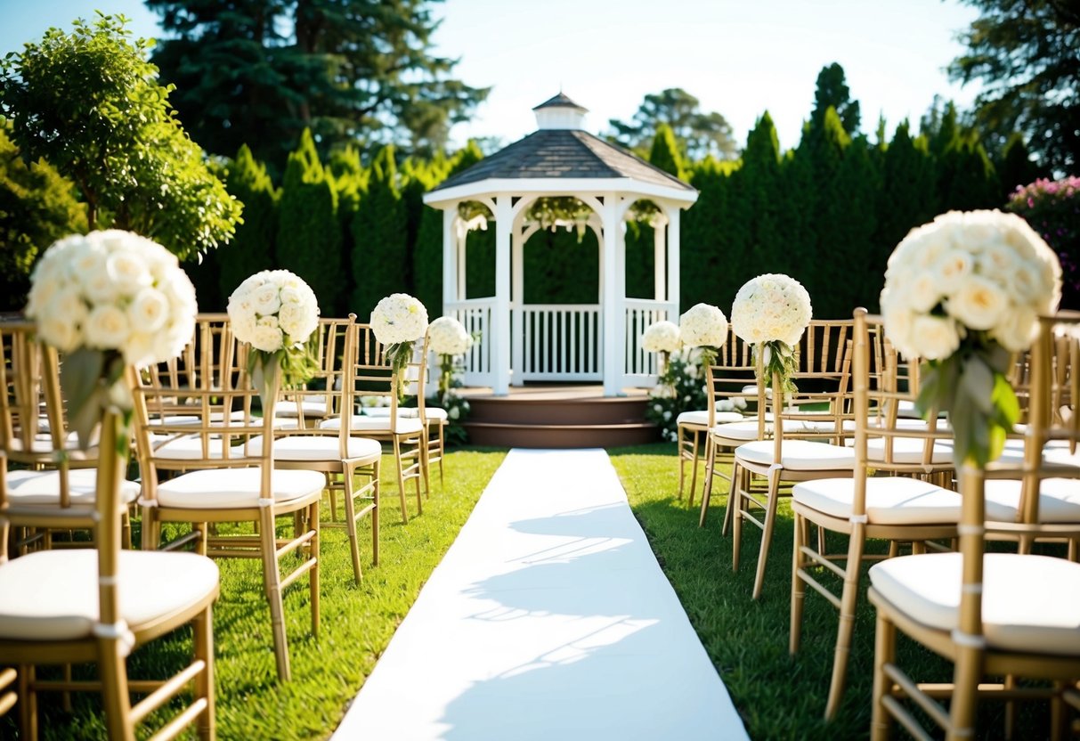 A sunny outdoor garden with chairs arranged for a ceremony. A gazebo is adorned with flowers and a white aisle leads to it