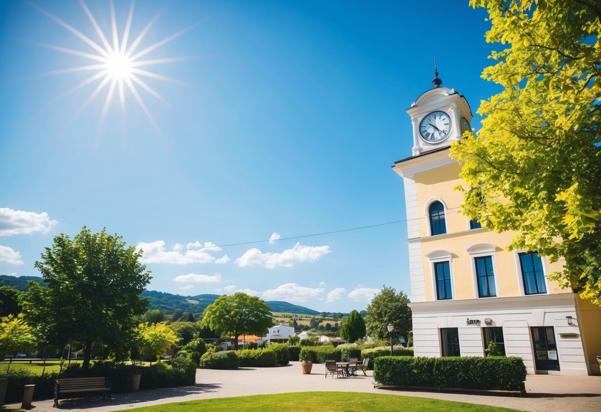 A bright, sunny afternoon with a clear blue sky and a picturesque outdoor setting. A clock on a nearby building shows the time as 2pm