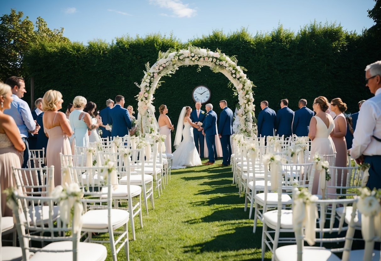 A sunny outdoor setting with a decorated wedding arch and rows of chairs, a clock showing 2pm, and guests arriving