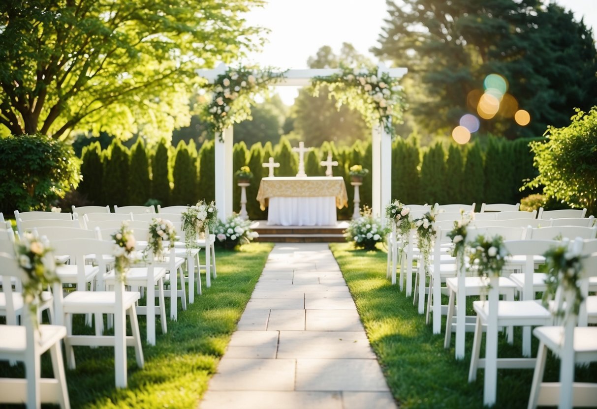 A sunlit garden with a decorated altar, rows of chairs, and a gentle breeze