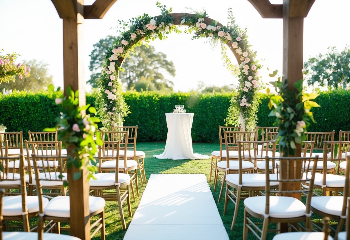 A sunny outdoor wedding venue with chairs set up facing a beautiful arch adorned with flowers and greenery. The ceremony time is set for 2pm