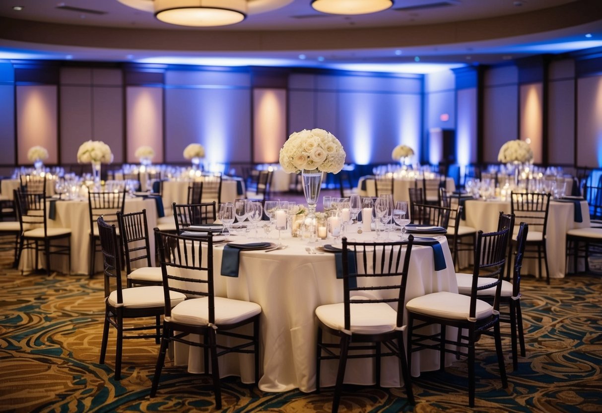 A large banquet hall with tables set for a wedding reception, each adorned with elegant glassware and pitchers of water