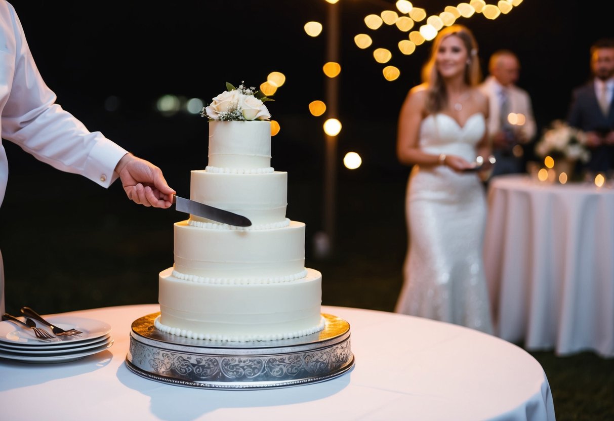 A tiered wedding cake being sliced and served on a table at an evening reception