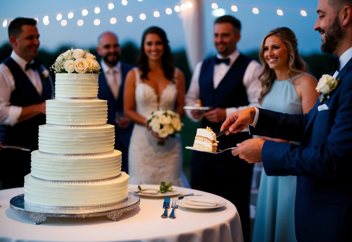 A tiered wedding cake being sliced and served to evening guests at a reception
