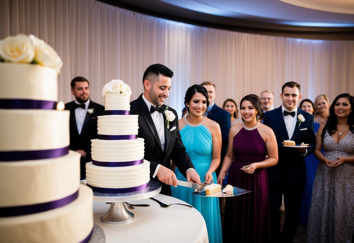 A tiered wedding cake being sliced and served at a reception, with evening guests eagerly waiting in line to receive a piece