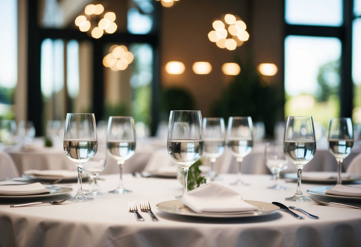 A table with 100 place settings, each with a glass of water
