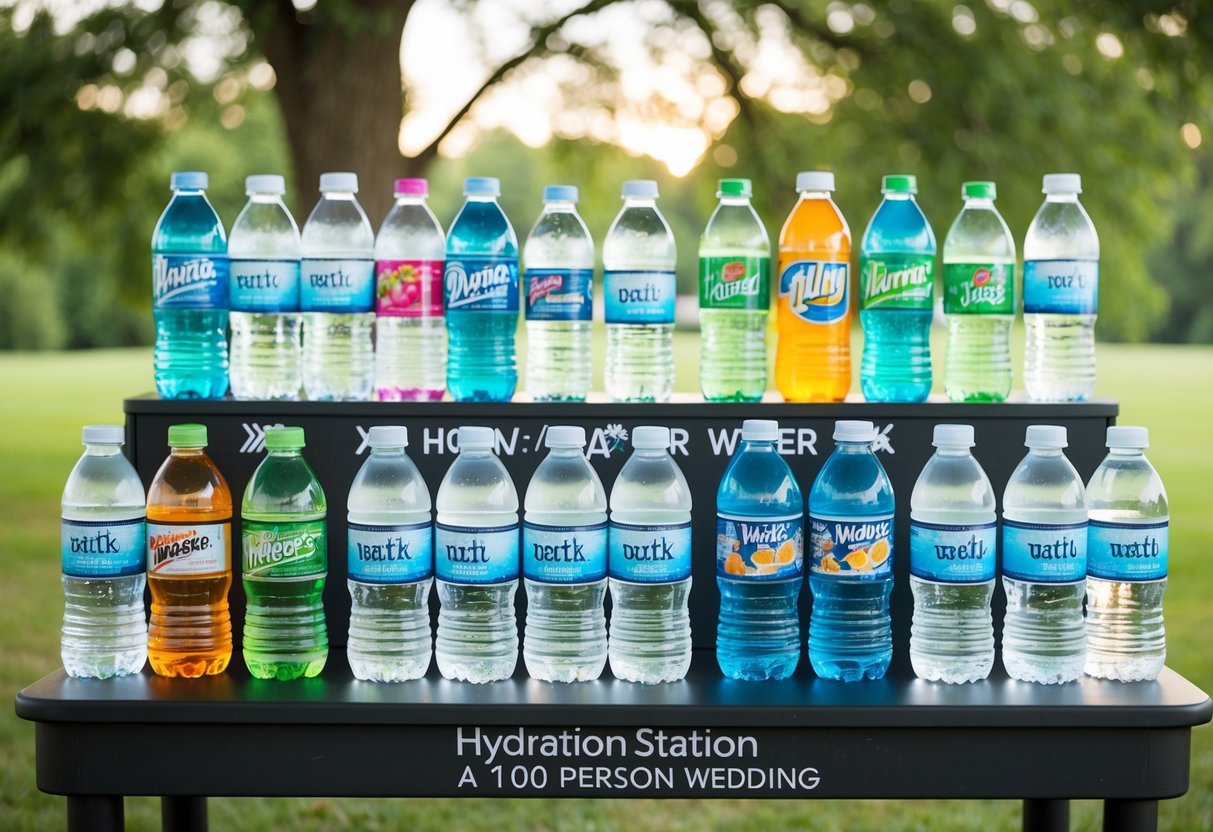 A large selection of water and non-water drink options displayed at a hydration station for a 100 person wedding