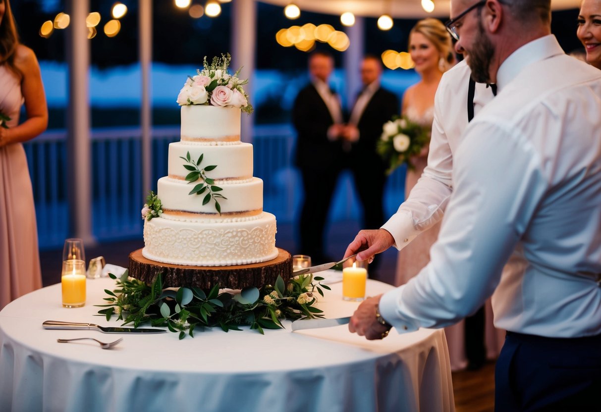 A beautifully decorated wedding cake being sliced and served to evening guests at a reception