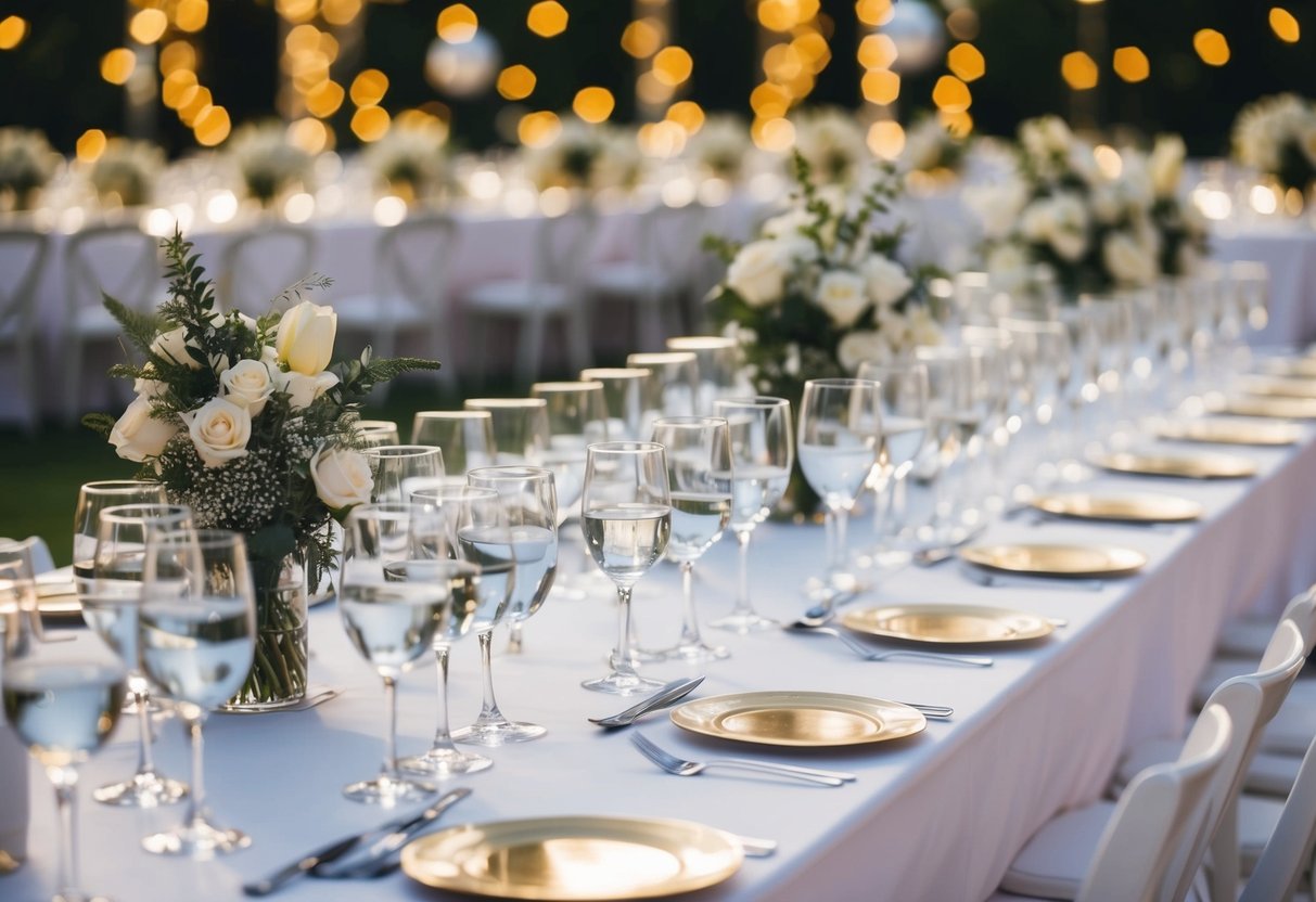 A table with 100 glasses filled with water, surrounded by decorative wedding drink options