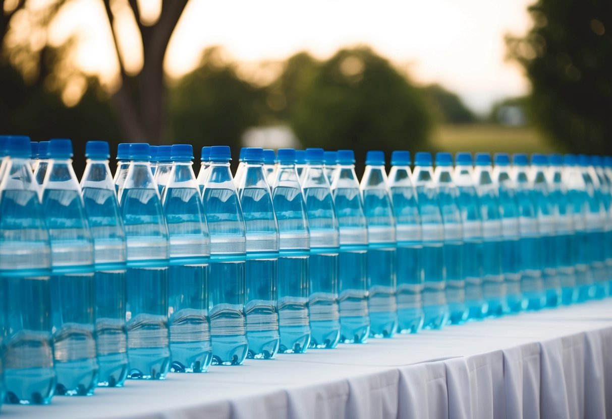A table with rows of water bottles neatly arranged, ready to be served to 100 wedding guests