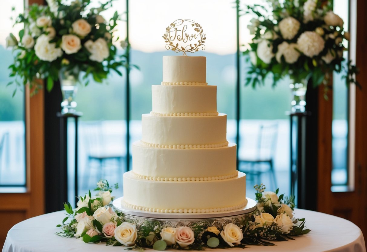 A tiered wedding cake displayed on a decorated table with floral arrangements and elegant cake topper