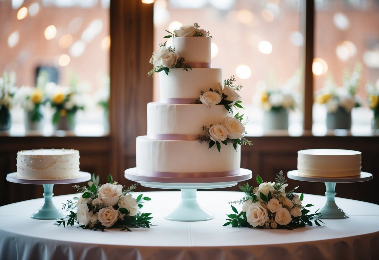 A tiered wedding cake displayed on a table, surrounded by floral decorations and elegant cake stands