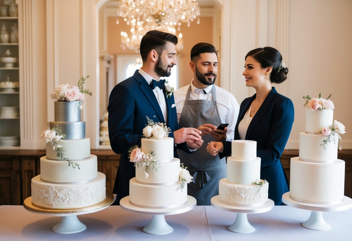 A couple stands in front of a display of elegant wedding cakes, discussing options with a baker. The cakes are adorned with delicate flowers and intricate designs
