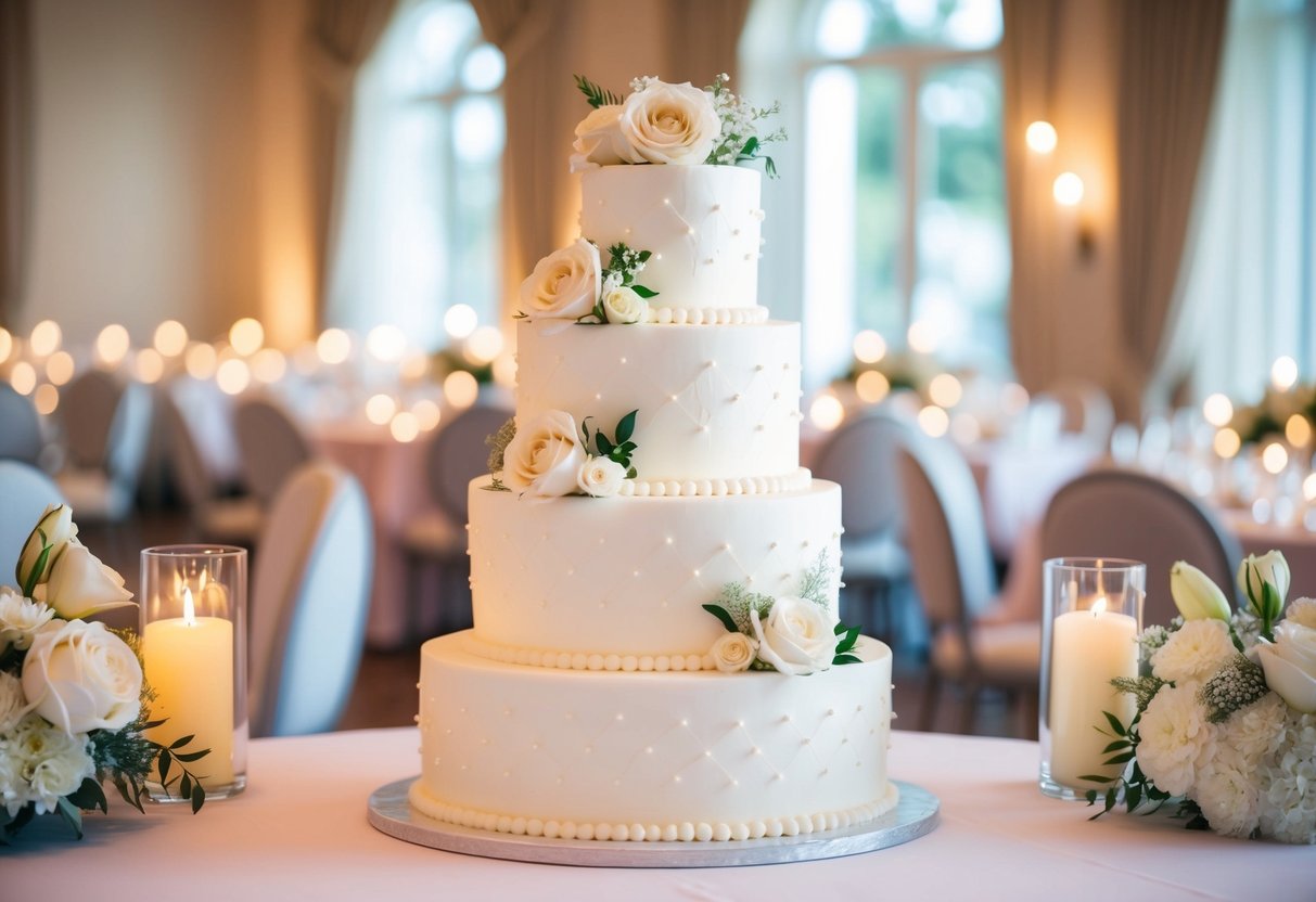 A tiered white wedding cake adorned with delicate flowers and intricate piping, set against a backdrop of elegant table settings and soft candlelight