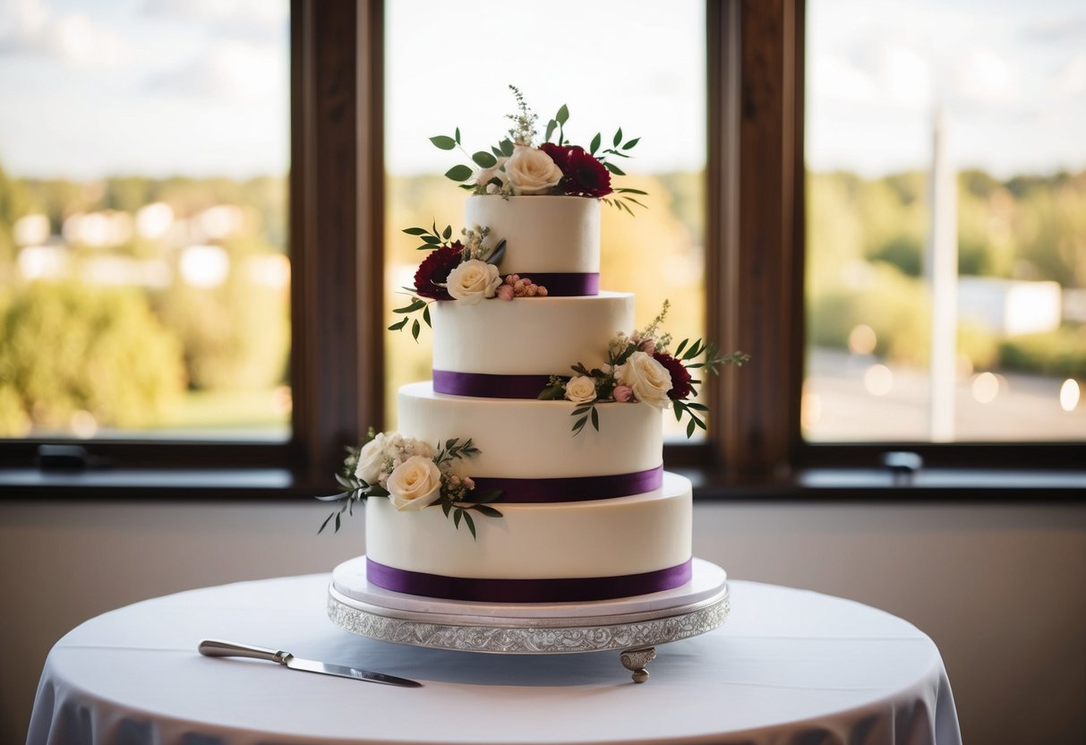 A tiered wedding cake on a table with floral decorations and a cake knife