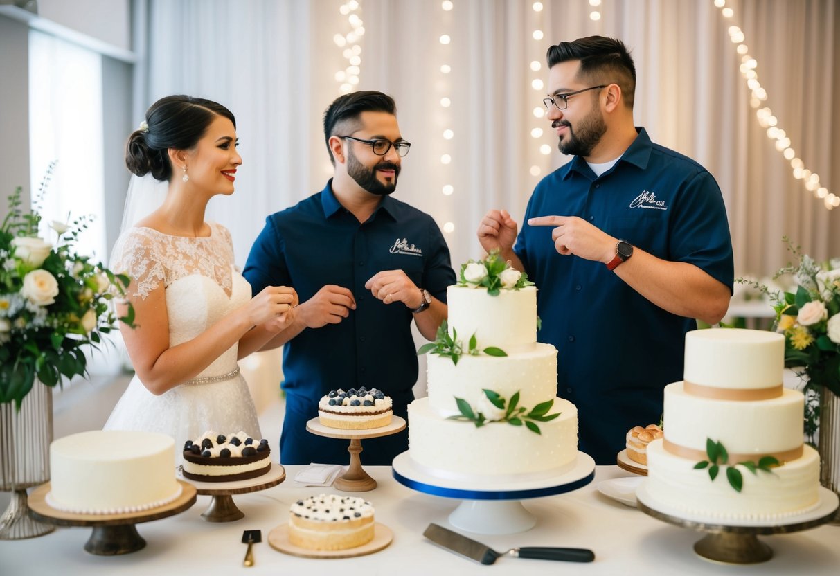 A couple discussing cake details with a baker, surrounded by cake samples and wedding decor