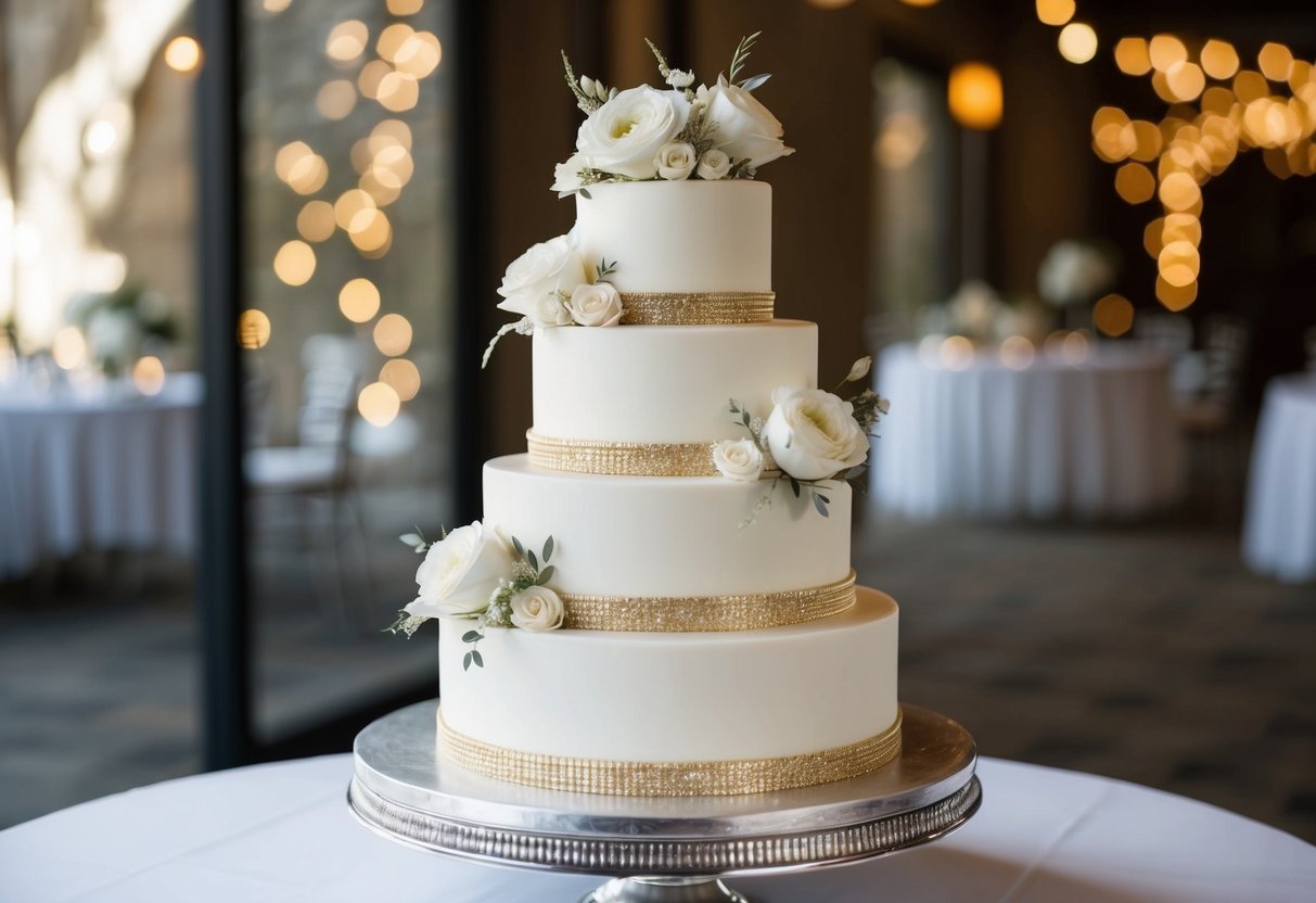 A three-tiered white wedding cake with delicate floral decorations and a shimmering gold trim sits on a silver cake stand