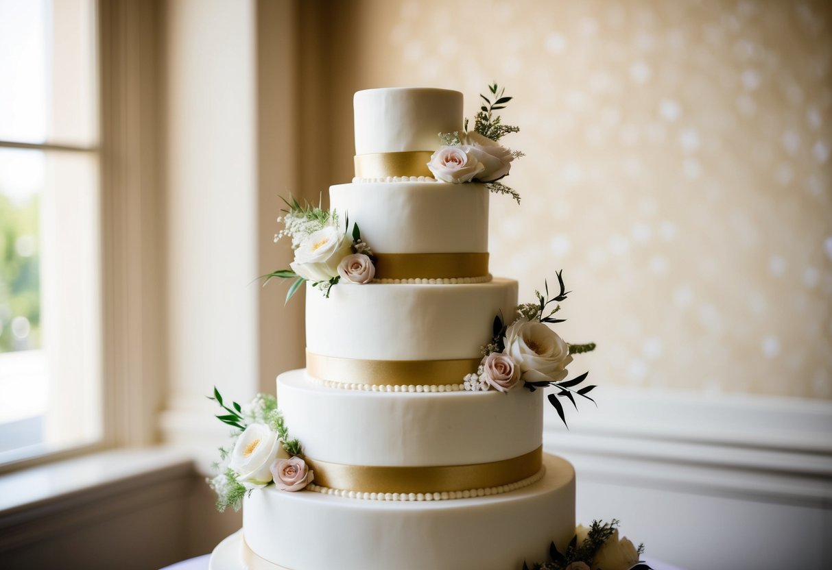A three-tiered white wedding cake adorned with delicate floral decorations and a shimmering gold ribbon