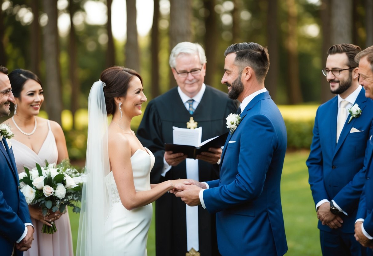 A minister leads the ceremony, followed by the vows exchanged between the couple. Family and friends may offer readings or speeches