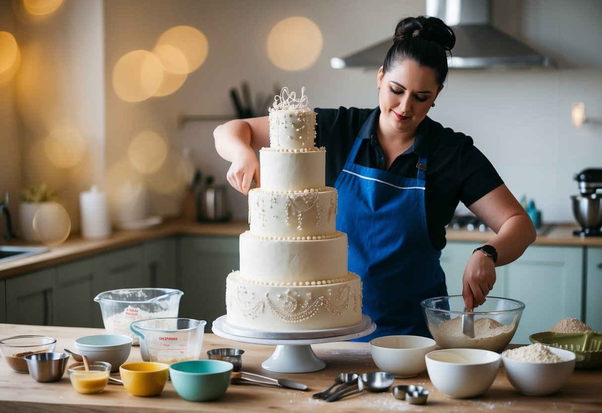 A baker preparing a multi-tiered wedding cake with intricate decorations and delicate details, surrounded by mixing bowls, measuring cups, and various ingredients