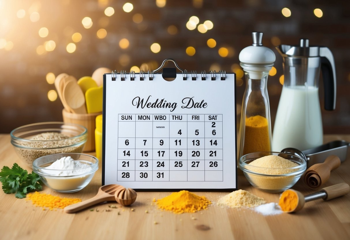 A calendar with a wedding date circled, surrounded by ingredients and baking tools
