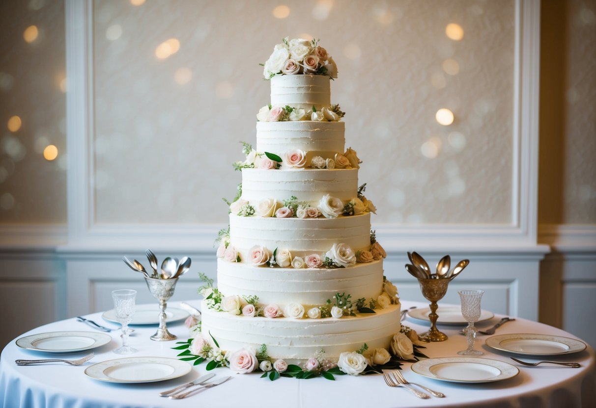 A towering 5-tier wedding cake with intricate floral decorations sits on a pristine white table, surrounded by elegant silver serving utensils and delicate porcelain plates