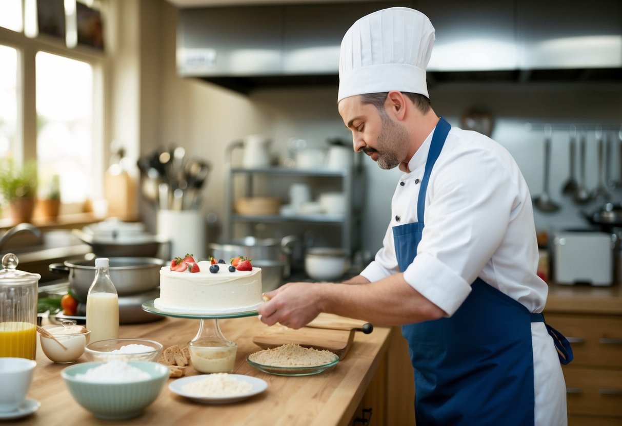 A baker carefully selects ingredients and prepares to bake a wedding cake in a bustling kitchen