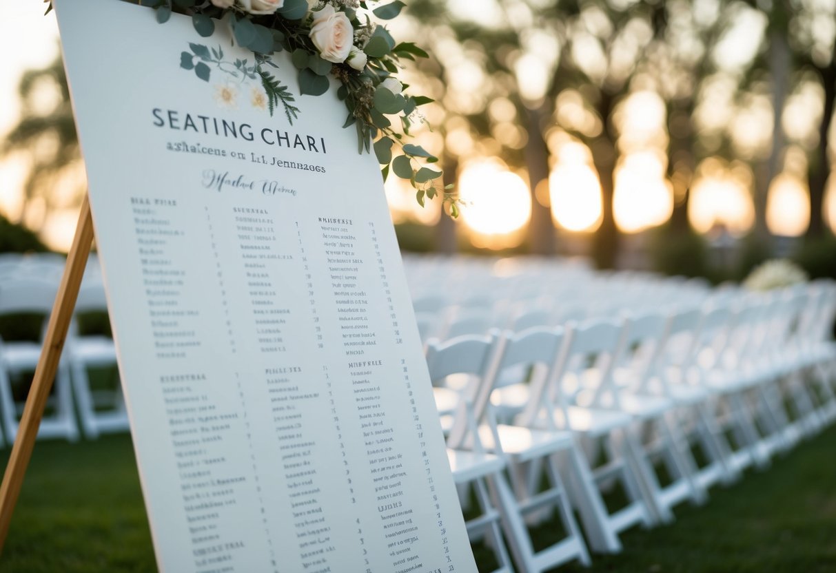 A seating chart with names and assigned speaking order for a wedding