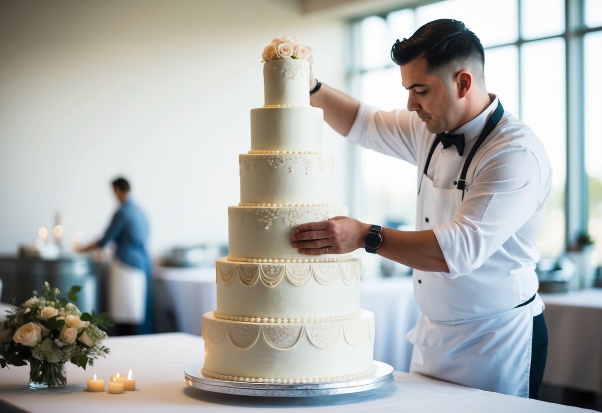 A baker carefully stacks five tiers of a wedding cake, adding intricate designs and personalized touches