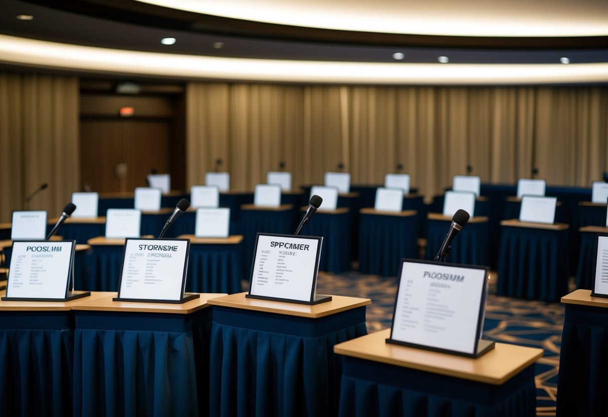 A series of podiums arranged in a semicircle, with a microphone at each one. A program indicating the order of speakers is placed on each podium