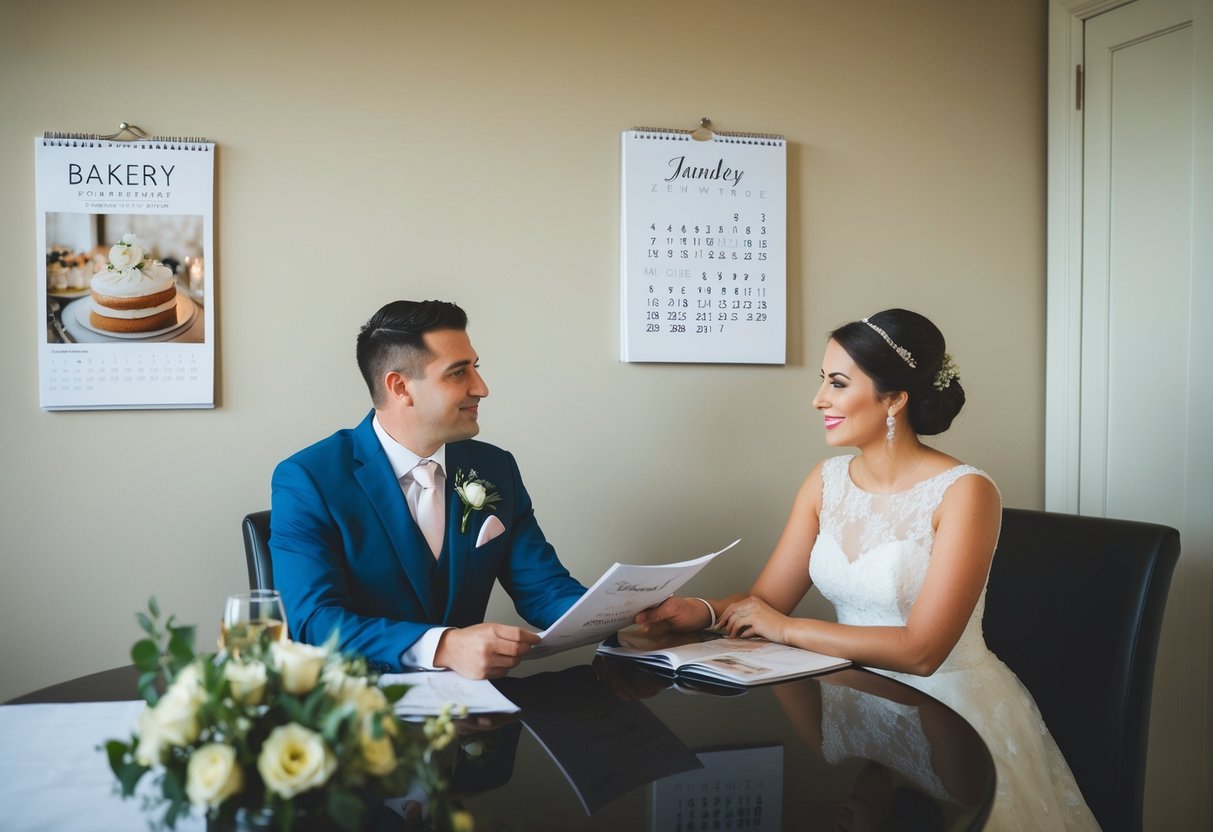 A couple sits at a table, discussing wedding plans. A calendar on the wall shows the date nearing their wedding day. A bakery brochure is nearby