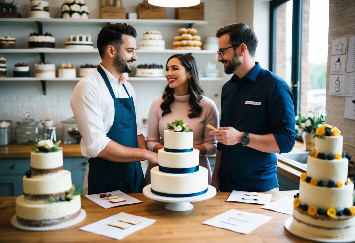 A couple discussing wedding cake options with a baker in a cozy bakery setting, surrounded by cake samples and design sketches