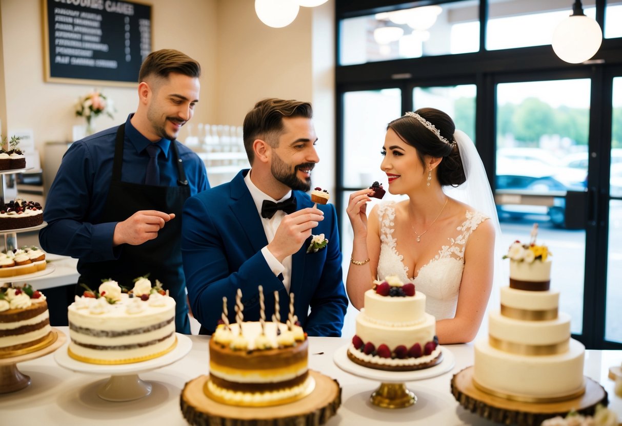 A couple sits at a bakery, tasting different wedding cake flavors. A display of beautifully decorated cakes lines the counter. The baker explains the ordering process