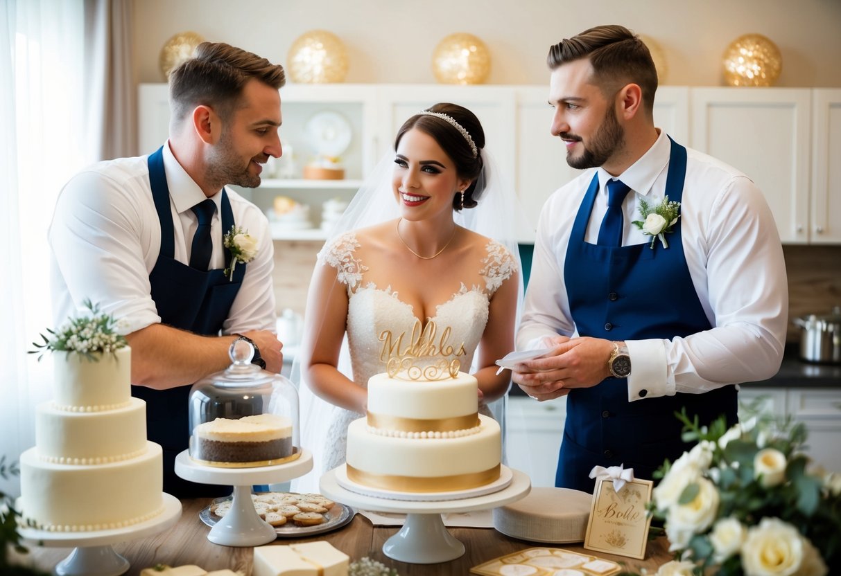 A bride and groom meeting with a baker, discussing wedding cake design and style, surrounded by wedding decor and samples