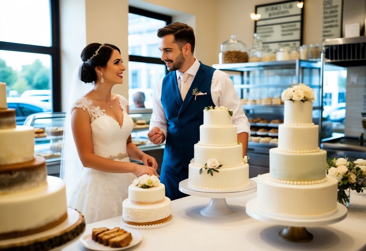 A bustling bakery with a display of elegant wedding cakes, a bride and groom discussing details with a baker