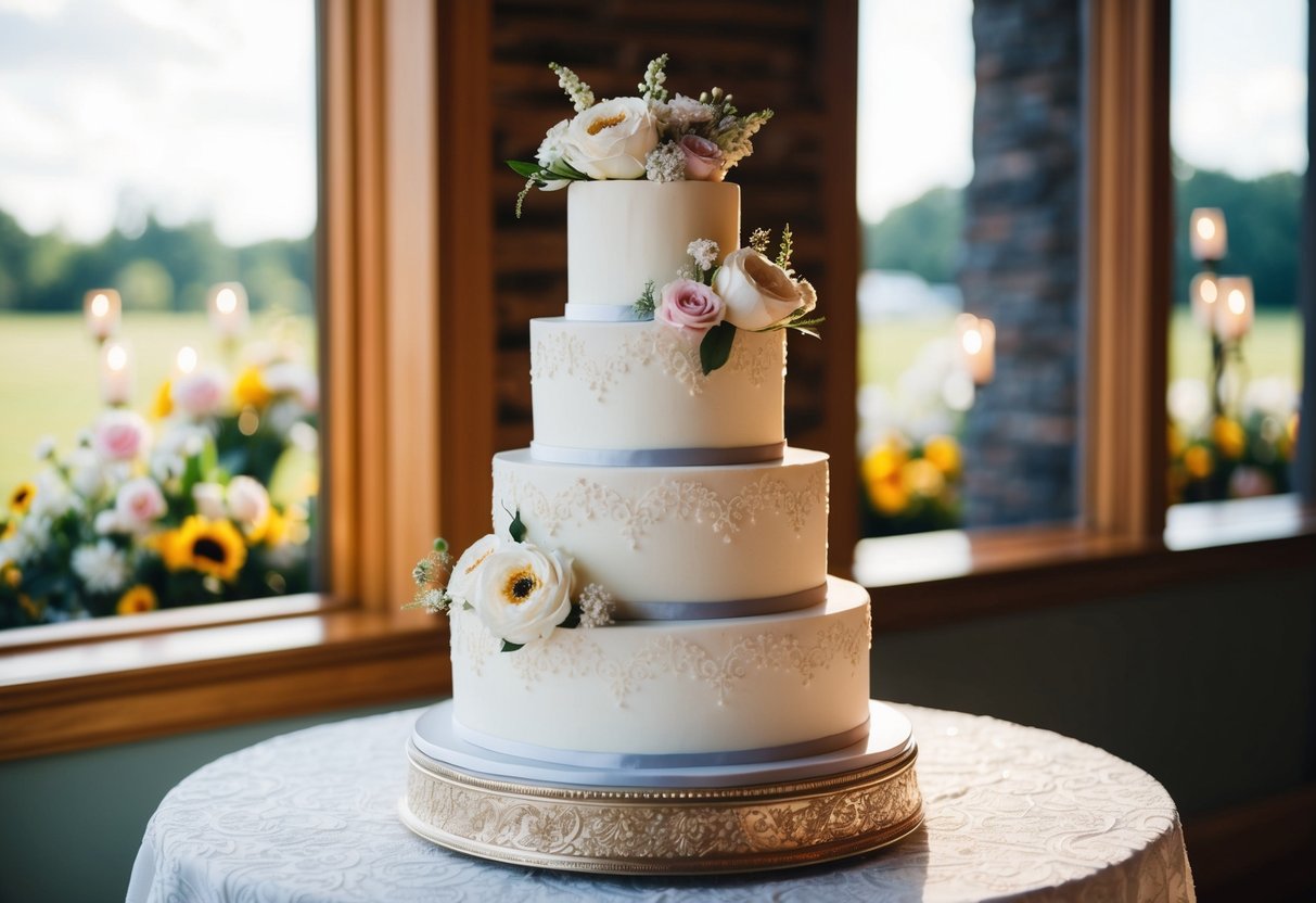 A three-tiered wedding cake adorned with flowers and intricate designs sits on a decorated table