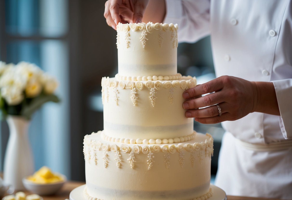 A baker carefully stacks two or three layers of wedding cake, adding delicate decorations and frosting with precision