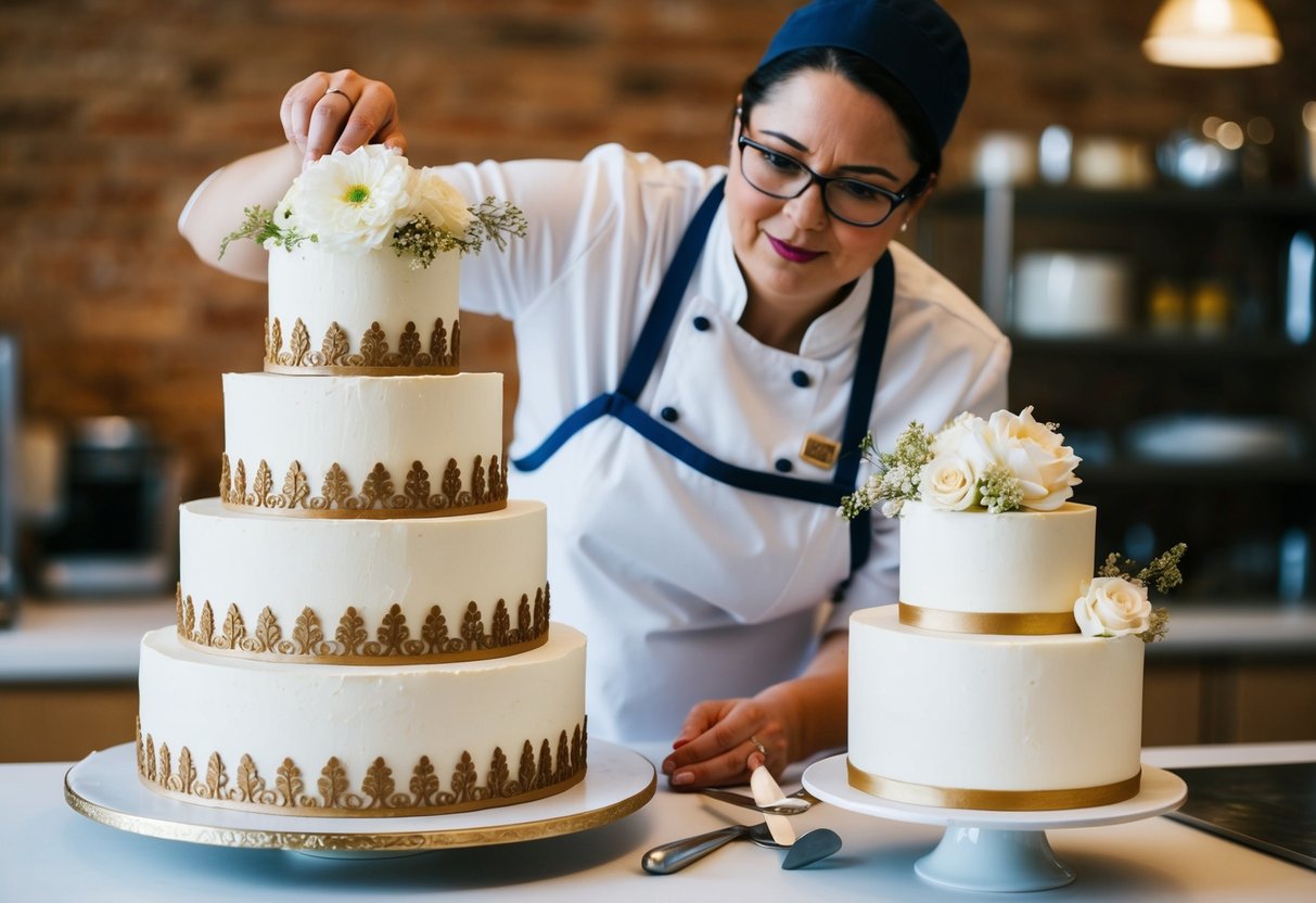 A baker carefully stacks two or three layers of wedding cakes, applying intricate decorating techniques and tips with precision