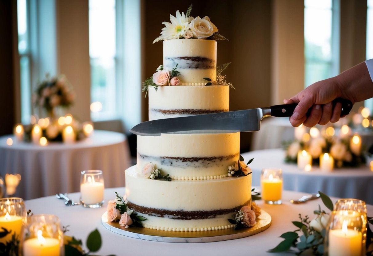 A cake knife slices through a multi-tiered wedding cake, surrounded by elegant floral decorations and glowing candlelight