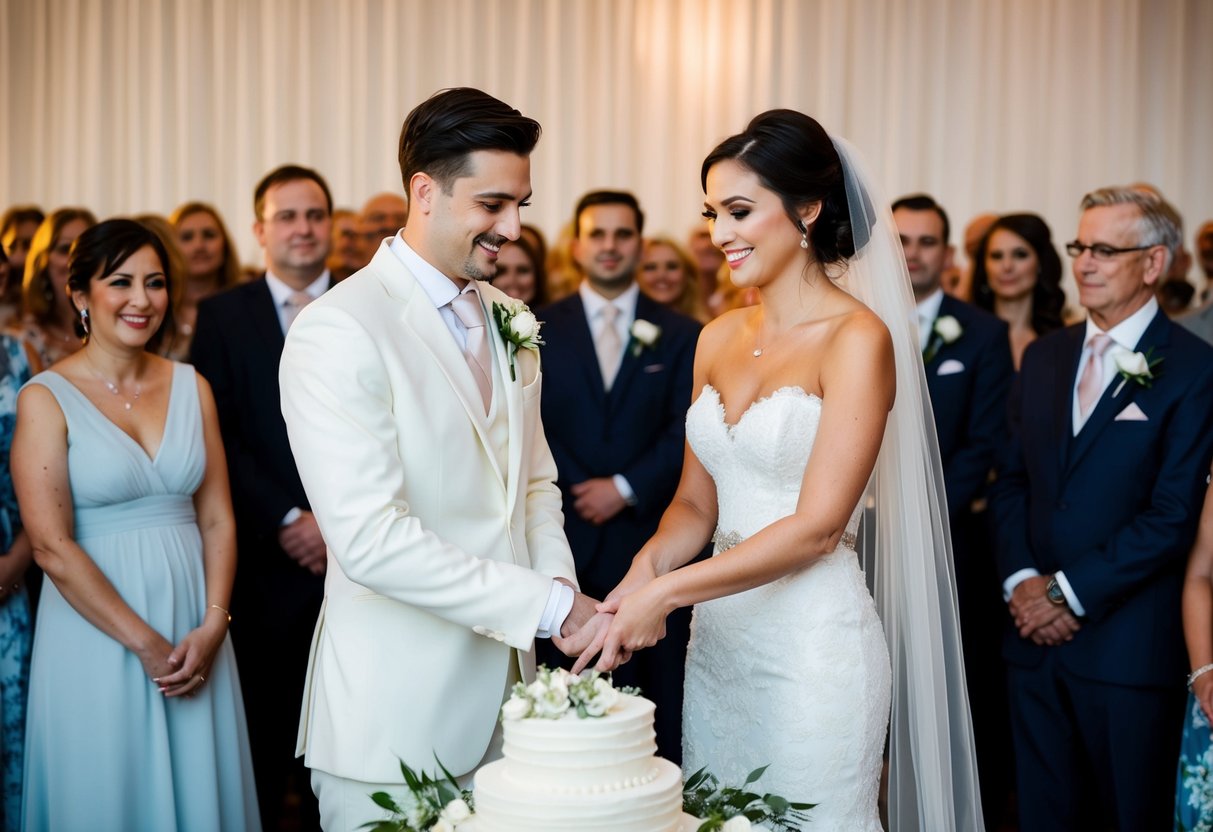 A bride and groom stand side by side, holding a knife together, ready to cut the wedding cake. A crowd of guests watches eagerly