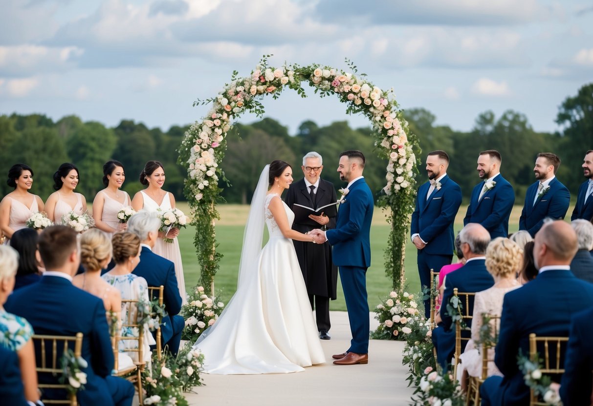 A wedding ceremony: an arch adorned with flowers, guests seated in rows, a bride and groom standing together, exchanging vows
