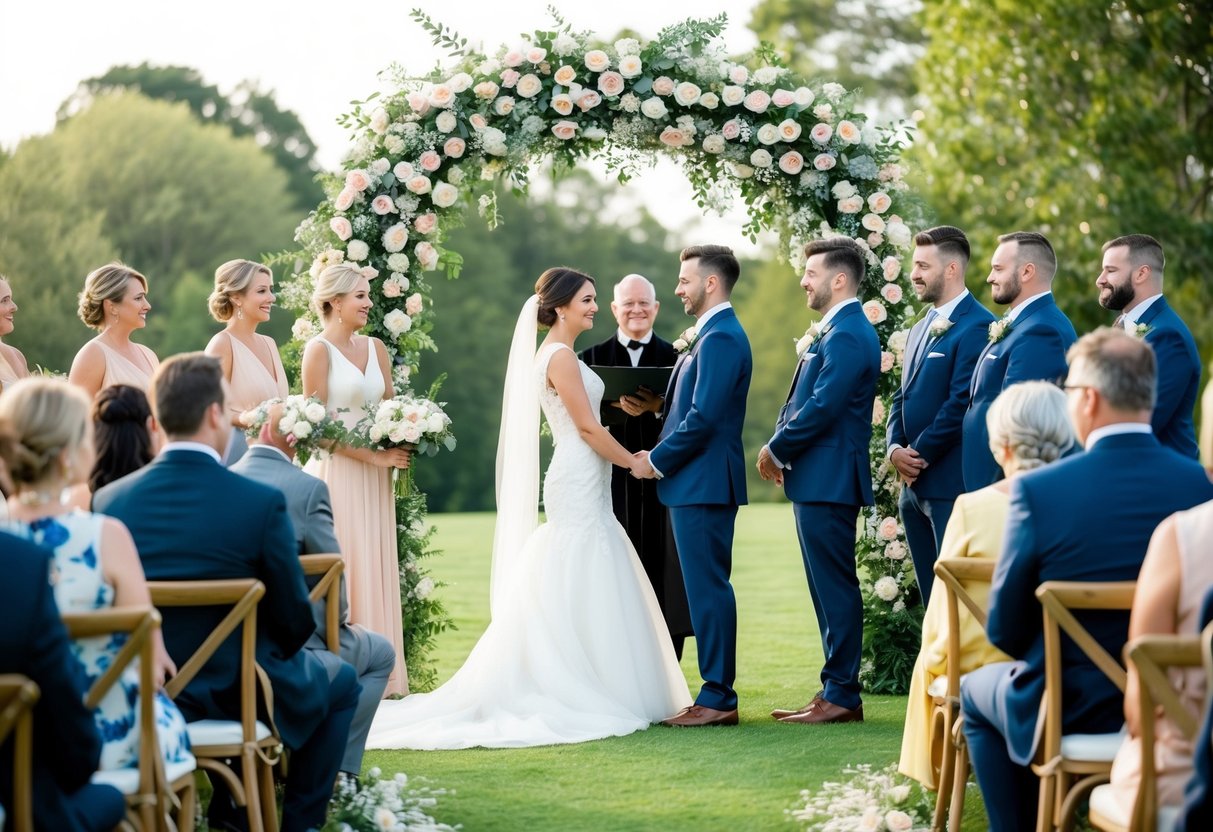 A couple stands beneath a floral arch, surrounded by guests, as a celebrant officiates their wedding ceremony
