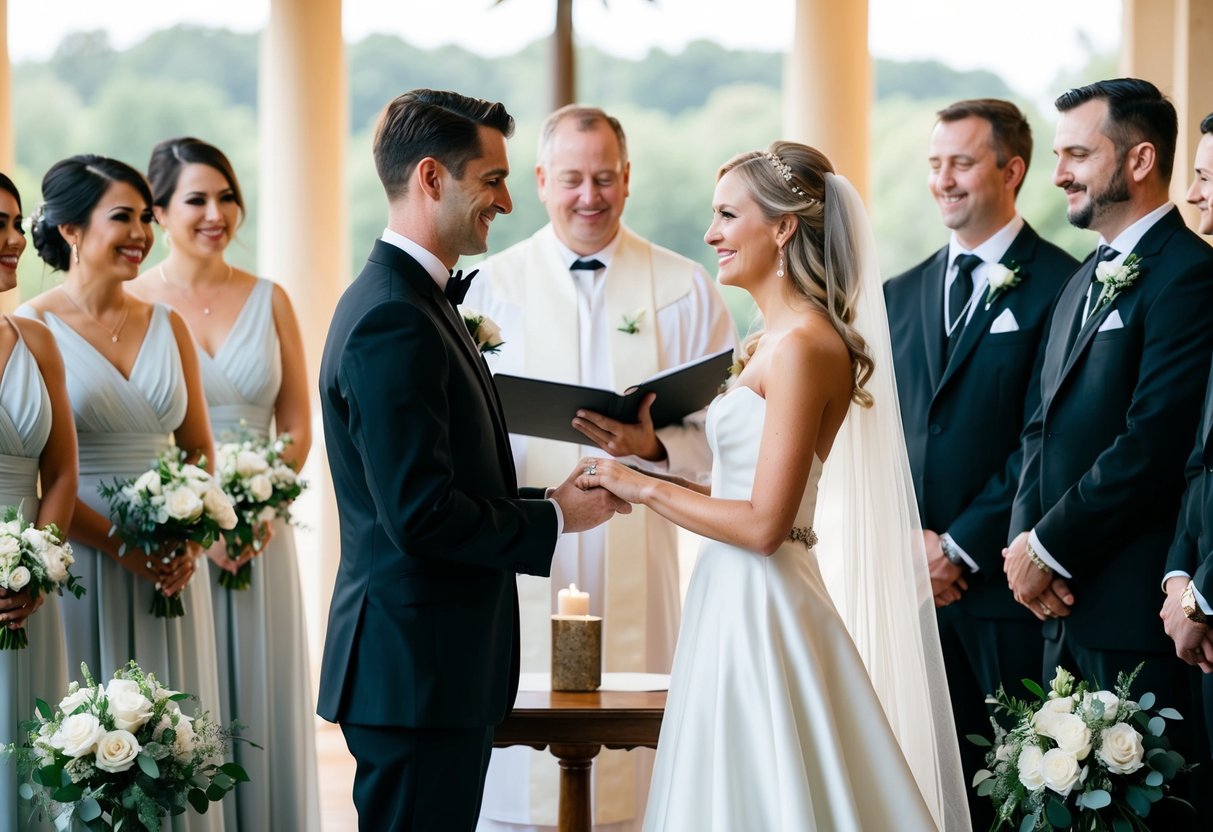 A groom in a classic black suit and a bride in a flowing white gown stand at the altar, exchanging vows and rings. The wedding party, dressed in coordinating attire, looks on with smiles and tears