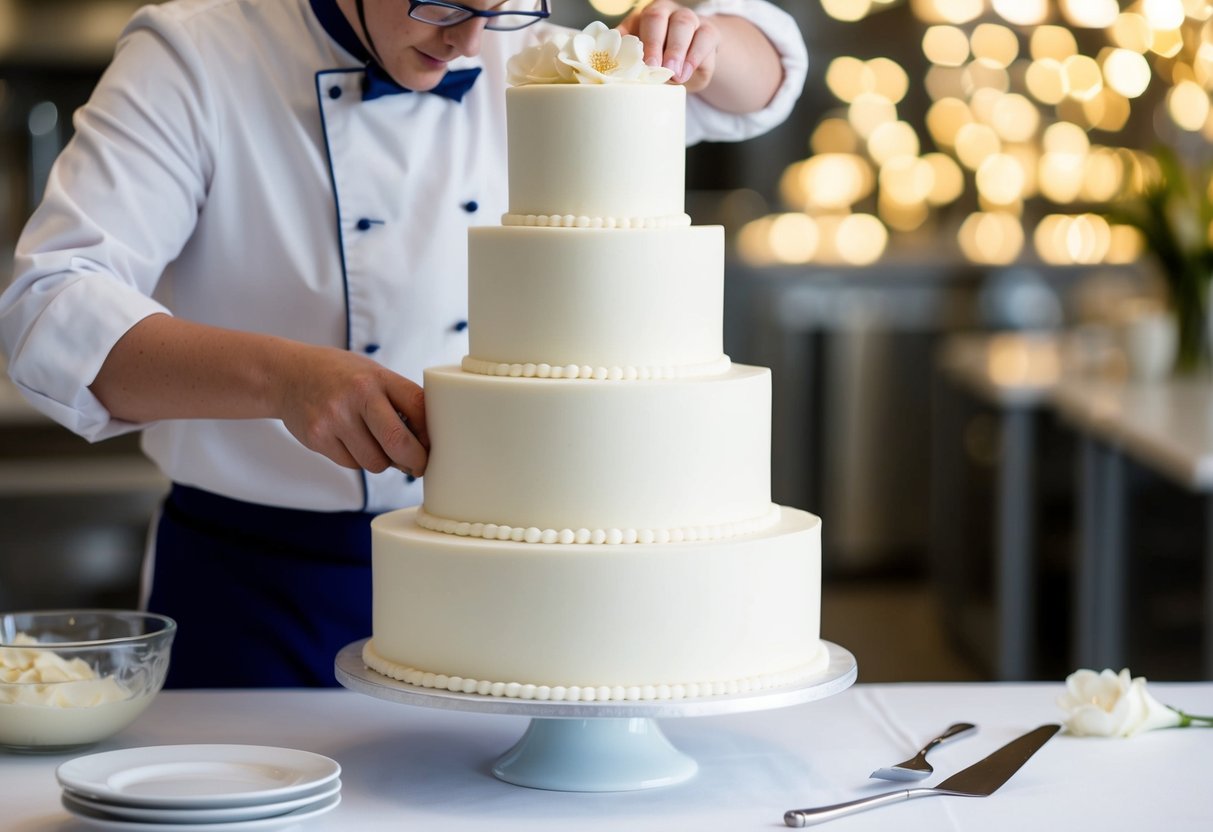 A baker expertly decorates a tiered wedding cake with smooth fondant or creamy buttercream