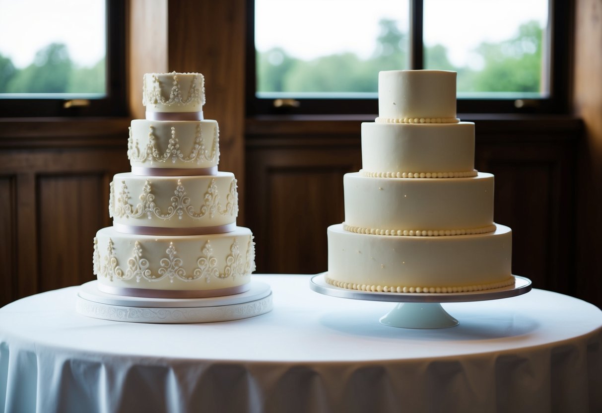 A tiered wedding cake with intricate fondant designs sits next to a simpler, but equally elegant, buttercream cake