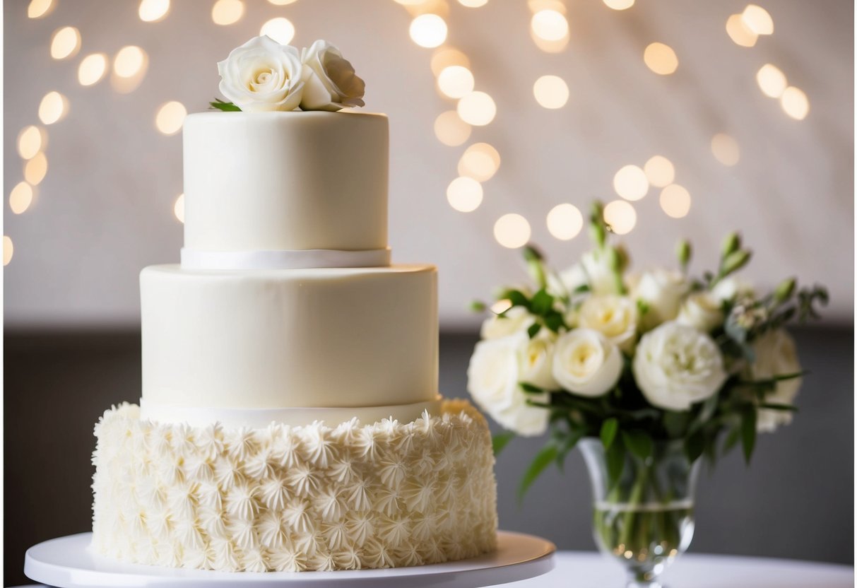 A wedding cake with two tiers, one covered in smooth, shiny fondant and the other in fluffy, textured buttercream