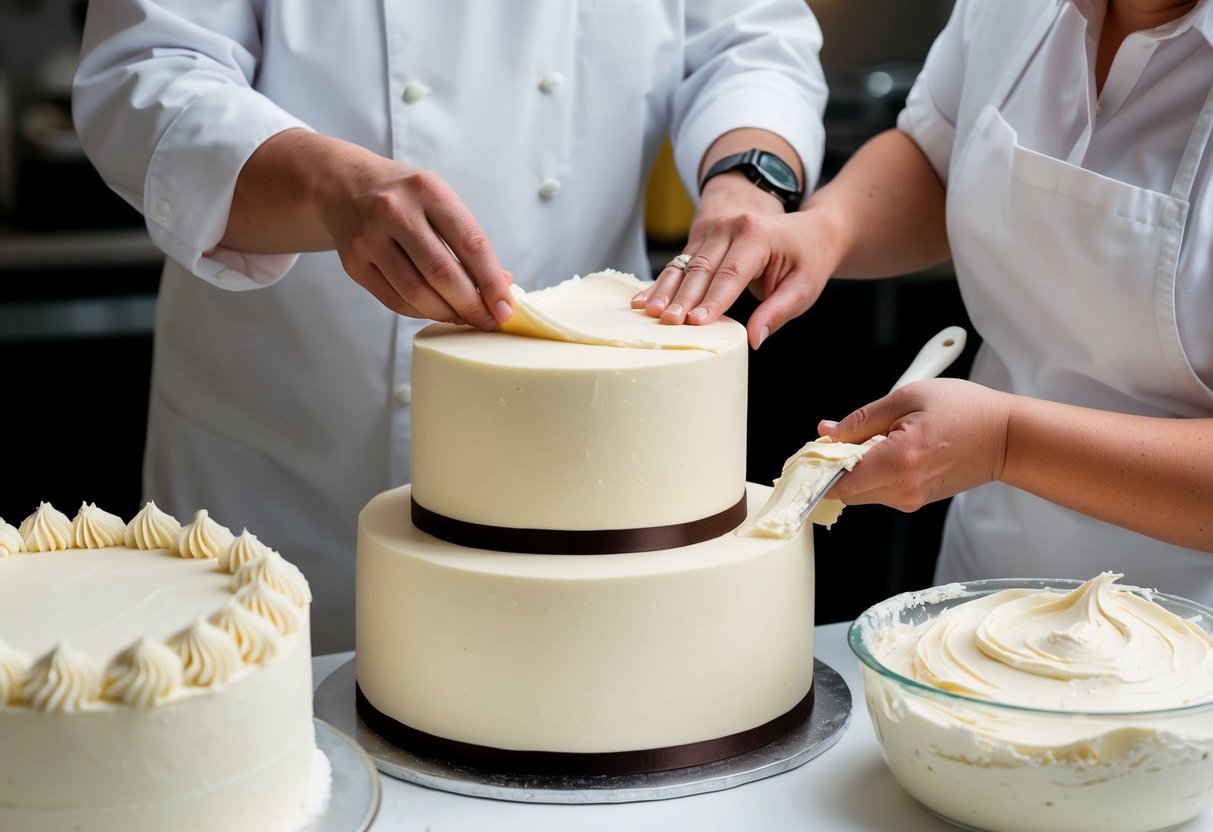 A baker carefully applies smooth fondant to a tiered wedding cake, while another baker meticulously spreads buttercream on a separate cake