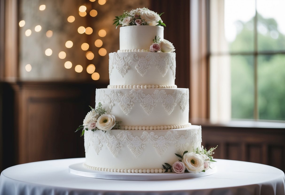 A three-tiered white wedding cake adorned with intricate lace and floral decorations